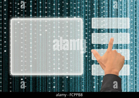 hand pushing a button on a touch screen interface with digital matrix background Stock Photo