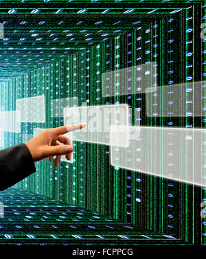 hand pushing a button on a touch screen interface with digital matrix background Stock Photo