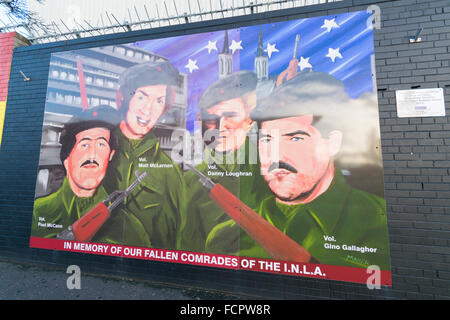 INLA mural in memory of their fallen comrades at international wall at Belfast Falls Road. Stock Photo