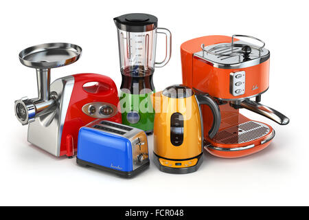 Kitchen appliances. Blender, toaster, coffee machine, meat ginder and kettle isolated on white. 3d Stock Photo