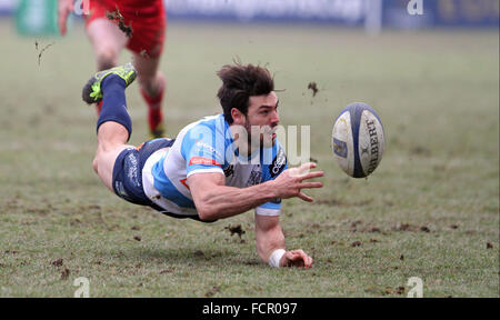 Treviso, Italy. 24th January, 2016. Treviso's player Jayden Hayward passes the ball during Rugby Champions Cup match  between Benetton Treviso and Munster Rugby on 24th January, 2016 at Monigo Stadium. Credit:  Andrea Spinelli/Alamy Live News Stock Photo
