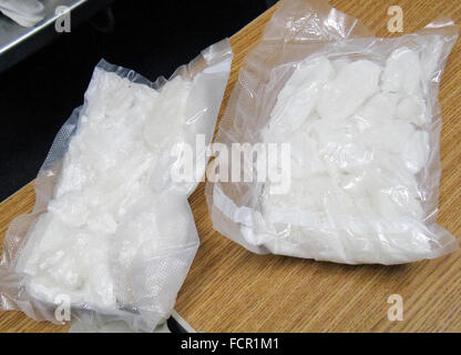 Vacumn packed bags of crystal meths (methanphimeine) intercepted by U.S. Customs and Border Protection at the San Luis port of entry in Arizona, US-Mexico border on 18 August 2013. Stock Photo