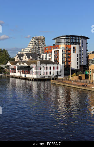 Turks Pier and modern apartments beside The River Thames at Kingston Upon Thames, London, UK. Stock Photo