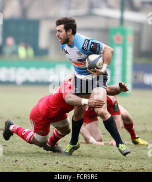 Treviso, Italy. 24th January, 2016. Treviso's player Jayden Hayward fights for the ball during Rugby Champions Cup match  between Benetton Treviso and Munster Rugby on 24th January, 2016 at Monigo Stadium. Credit:  Andrea Spinelli/Alamy Live News Stock Photo