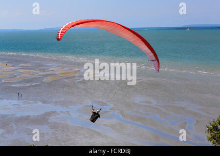 A paraglider hangs over Cheltenham beach near Hauraki Gulf Maritime Park at Devonport, Auckland, New Zealand. Stock Photo