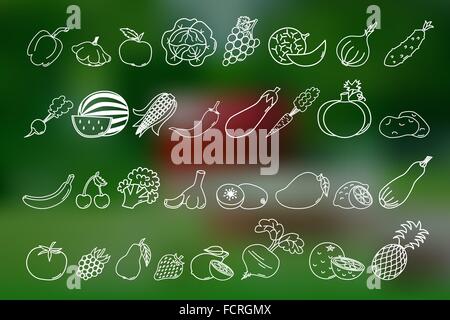 Thin line icons of different fruits and vegetables on mesh background ...