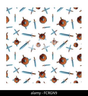 Wooden shield and swords on white, seamless pattern Stock Vector
