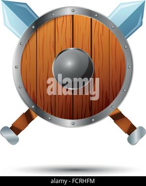 Round wooden shield with crossed swords Stock Vector