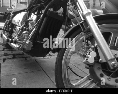 Close up view of a shiny chopper motorcycle engine. Black and white shot Stock Photo