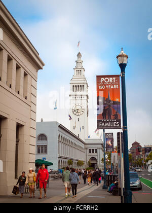 A view of the clock tower of the San Francisco Ferry Building, as seen from the Embarcadero in San Francisco, California. Stock Photo