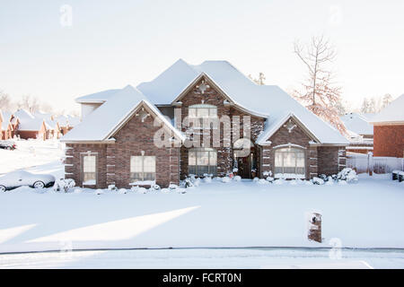 American suburban house in snow, Arkansas, USA Stock Photo