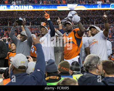Denver, Colorado, USA. 24th Jan, 2016. Broncos celebrate during the victory celebration at Sports Authority Field at Mile High Sunday afternoon. The Broncos beat the Patriots 20-18. Credit:  Hector Acevedo/ZUMA Wire/Alamy Live News Stock Photo