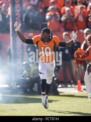 Denver, Colorado, USA. 24th Jan, 2016. Broncos WR EMMANUEL SANDERS runs on the field during player introductions at Sports Authority Field at Mile High Sunday afternoon. The Broncos beat the Patriots 20-18. Credit:  Hector Acevedo/ZUMA Wire/Alamy Live News Stock Photo