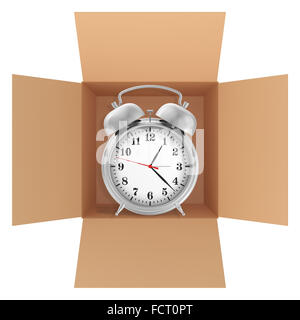 Metal alarm clock inside a cardboard box Stock Photo