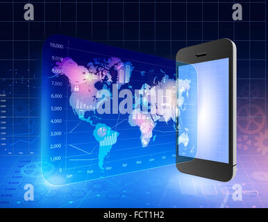 Phone with outside screen the world map and icons. Stock Photo