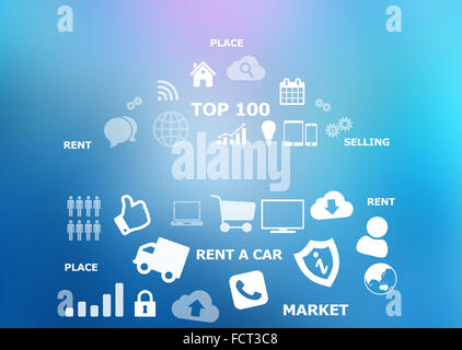 Icons on blue background. Content creation tool. Stock Photo