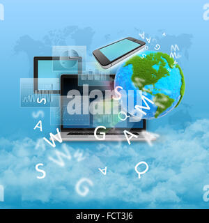 Abstract collage with computers, green planet and graphs. Stock Photo