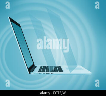 Laptop on abstract background and flying screen. Stock Photo