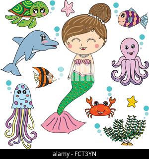 illustration of cute mermaid with sea animals Stock Vector