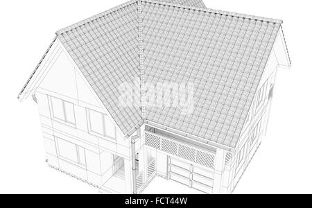 Illustration of a house. Black line drawing. Stock Photo