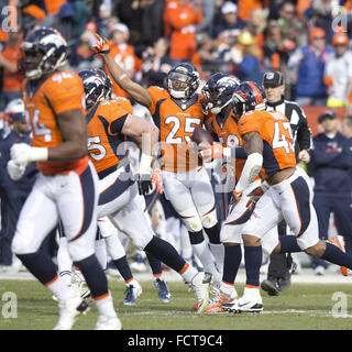 Denver, Colorado, USA. 24th Jan, 2016. Broncos OLB VON MILLER, center, celebrates with team mates after an interception during the 1st. Half at Sports Authority Field at Mile High Sunday afternoon. The Broncos beat the Patriots 20-18. Credit:  Hector Acevedo/ZUMA Wire/Alamy Live News Stock Photo