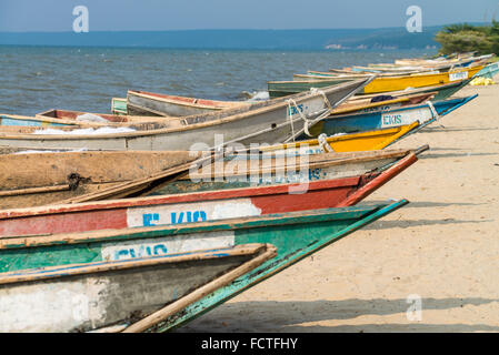 Boats on the beach of the Lake Edouard, Queen Elizabeth National Park, Uganda, East Africa Stock Photo