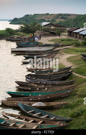 Boats in the sunset, Kazinga Channel, Queen Elizabeth National Park, Uganda, East Africa Stock Photo