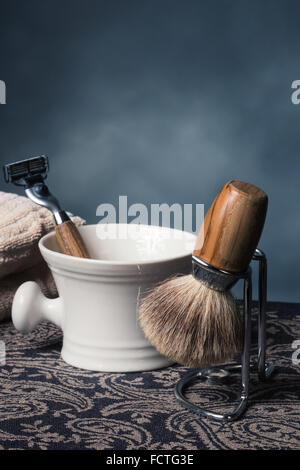 vintage wet Shaving Tools on a wooden Table Stock Photo