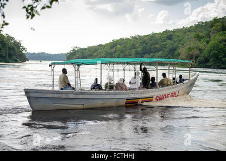 Murchison Falls National Park, River Victoria Nile. Boat trip for tourists on the Victoria Nile to the Murchison Falls. Uganda Stock Photo