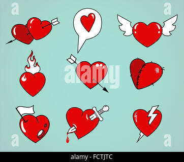cartoon tattoo style different  hearts set Stock Photo