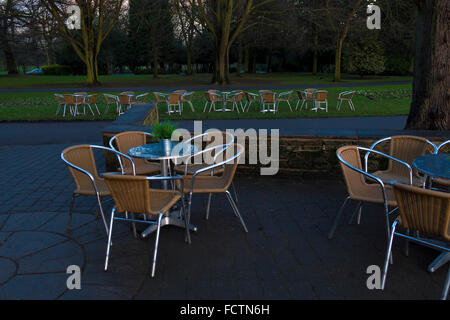 Outdoor tables and chairs in the rain. Stock Photo