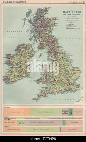 BRITISH ISLES: Main Roads and Land cultivation/use. BARTHOLOMEW, 1924 old map Stock Photo