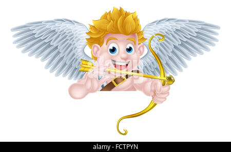 Cartoon valentines day cupid winged angel character aiming his golden bow and heart arrow and over sign Stock Photo