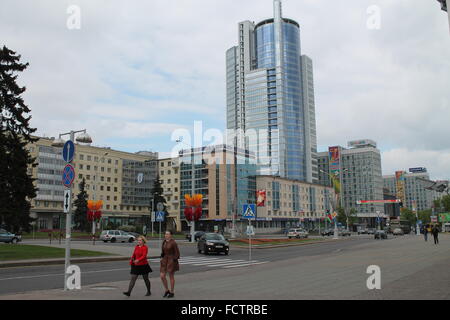 panorama on noisy street and business complex on Victorious Avenue, May, 2015, Minsk Stock Photo