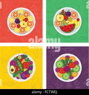 four vector flat illustrations of salads and fruit meals on plate Stock Vector