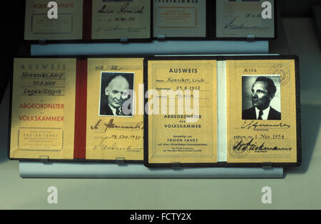 membership cards of the members of the East German parliament Adolf Hennecke and Erich Honecker, Museum Haus der Geschichte Bonn Stock Photo