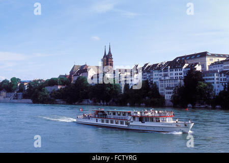 CHE, Switzerland, Basel, excursion boat on the river Rhine, view to the old part of the town with the cathedral.  CHE, Schweiz,  Stock Photo