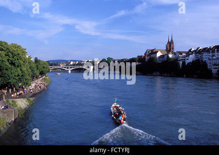 CHE, Switzerland, Basel, excursion boat on the river Rhine, view to the old part of the town with the cathedral.  CHE, Schweiz,  Stock Photo