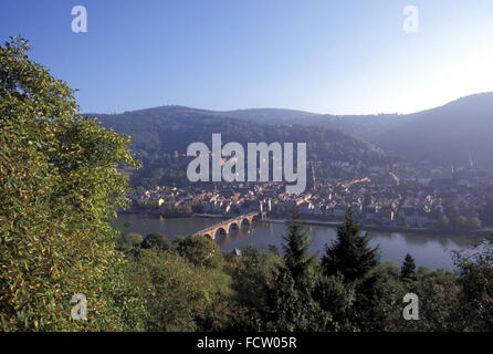 DEU, Germany, Heidelberg, view from the Philosophenweg to the Old Bridge across the river Neckar and to the old part of the town Stock Photo