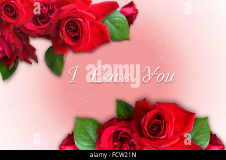 Bunch of roses with I Love You on a pink gradient background with transparent hearts Stock Photo