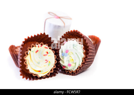 Variety of handmade luxury chocolate pralines isolated on white background  Model Release: No.  Property Release: No. Stock Photo