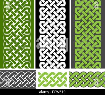 3 Celtic style knotted seamless borders and 3 braid seamless border variations, vector illustration (green, white, gray colors) Stock Vector