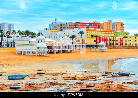 a panoramic view of La Caleta Beach in Cadiz, Spain, in the Mediterranean sea Stock Photo