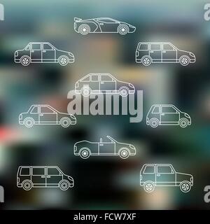 vector white outline various body types of cars classification gray blurred background Stock Vector