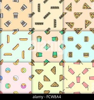 vector various colored outline coffee paper hot cup donut club sandwich sub sandwich hamburger hot dog pizza slice french fries Stock Vector