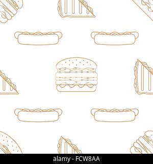 vector brown gold color outline hot dog sausage bun club sandwich cheeseburger pattern on white background Stock Vector