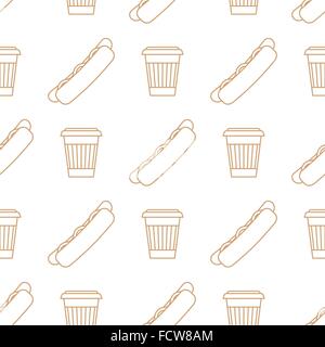 vector brown gold color outline hot dog grilled sausage sliced bun mustard hot beverage takeaway cup seamless pattern on white b Stock Vector