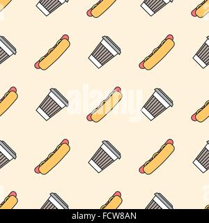 vector colored outline hot dog grilled sausage sliced bun mustard hot beverage takeaway cup seamless pattern on beige background Stock Vector