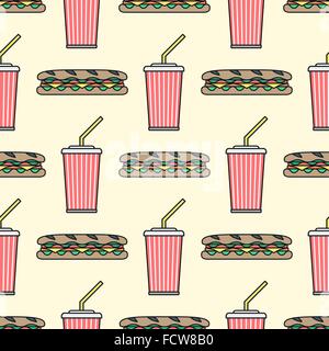 vector colored outline submarine baguette sandwich salad ham cheese tomato soda cold drink red paper takeaway cup straw seamless Stock Vector