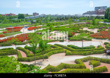 Gardens and Perrault bridge. Madrid Rio, Madrid, Spain. Stock Photo